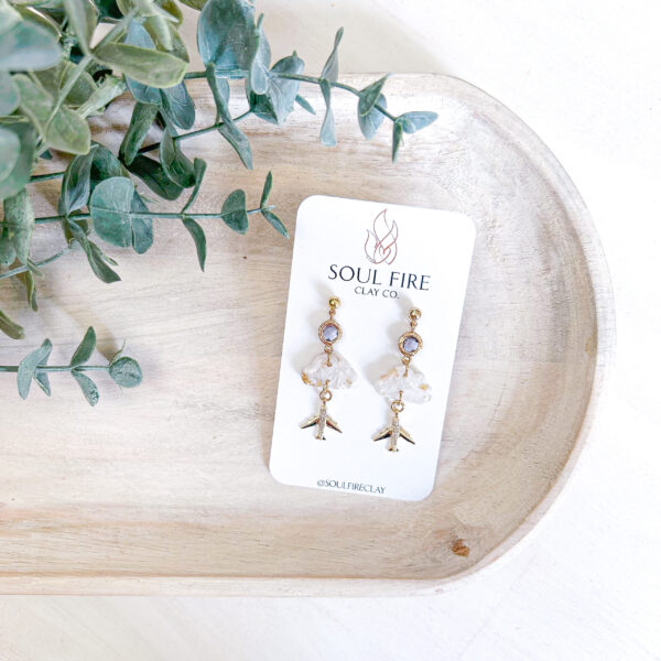 Soul Fire Clay Earrings - Airplane with Cloud Dangles - Image 2